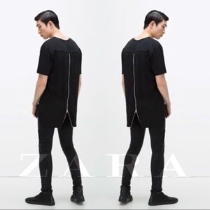 Zara Man Longline Black Tee with Back Zipper